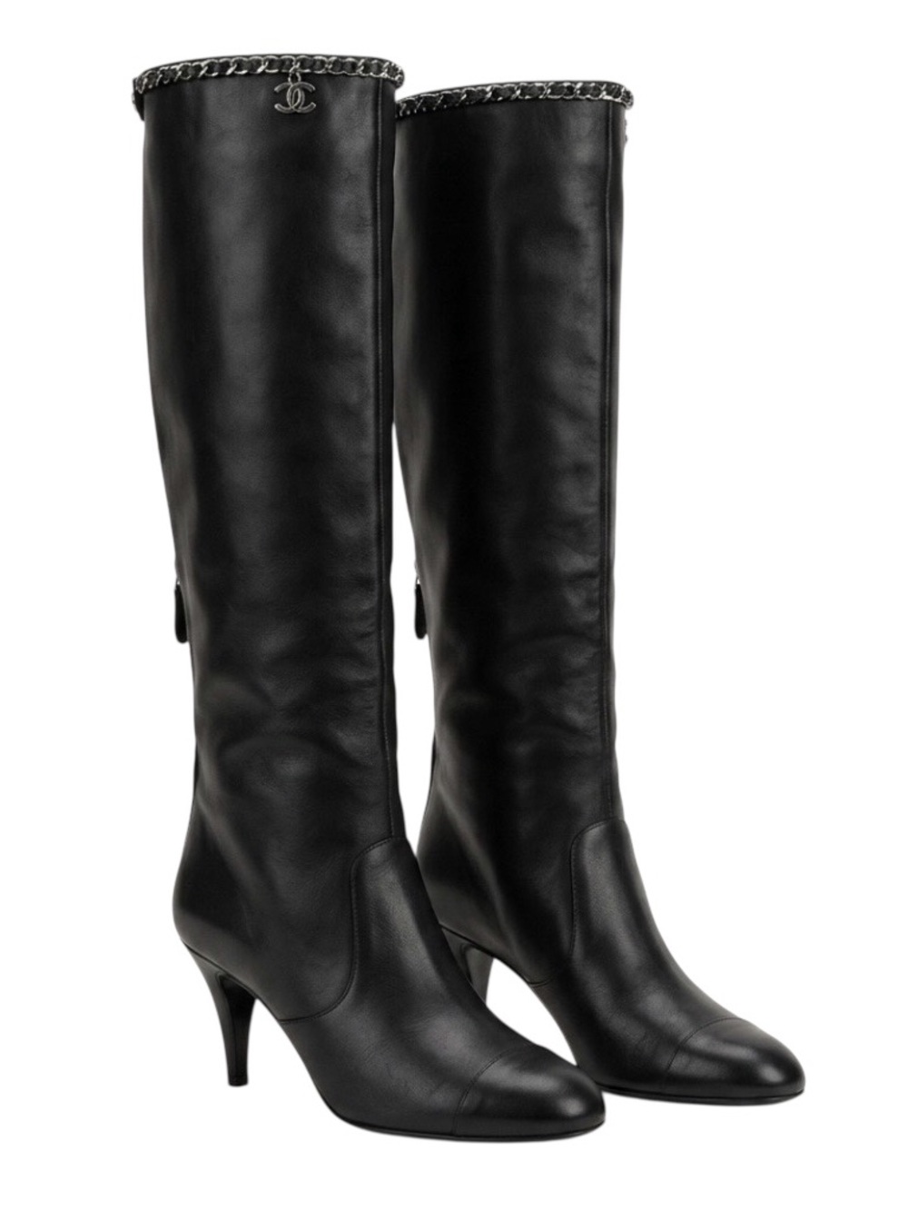 Chanel Black Leather Chain CC Charm Cap Toe Knee High Heeled Boots Size 41